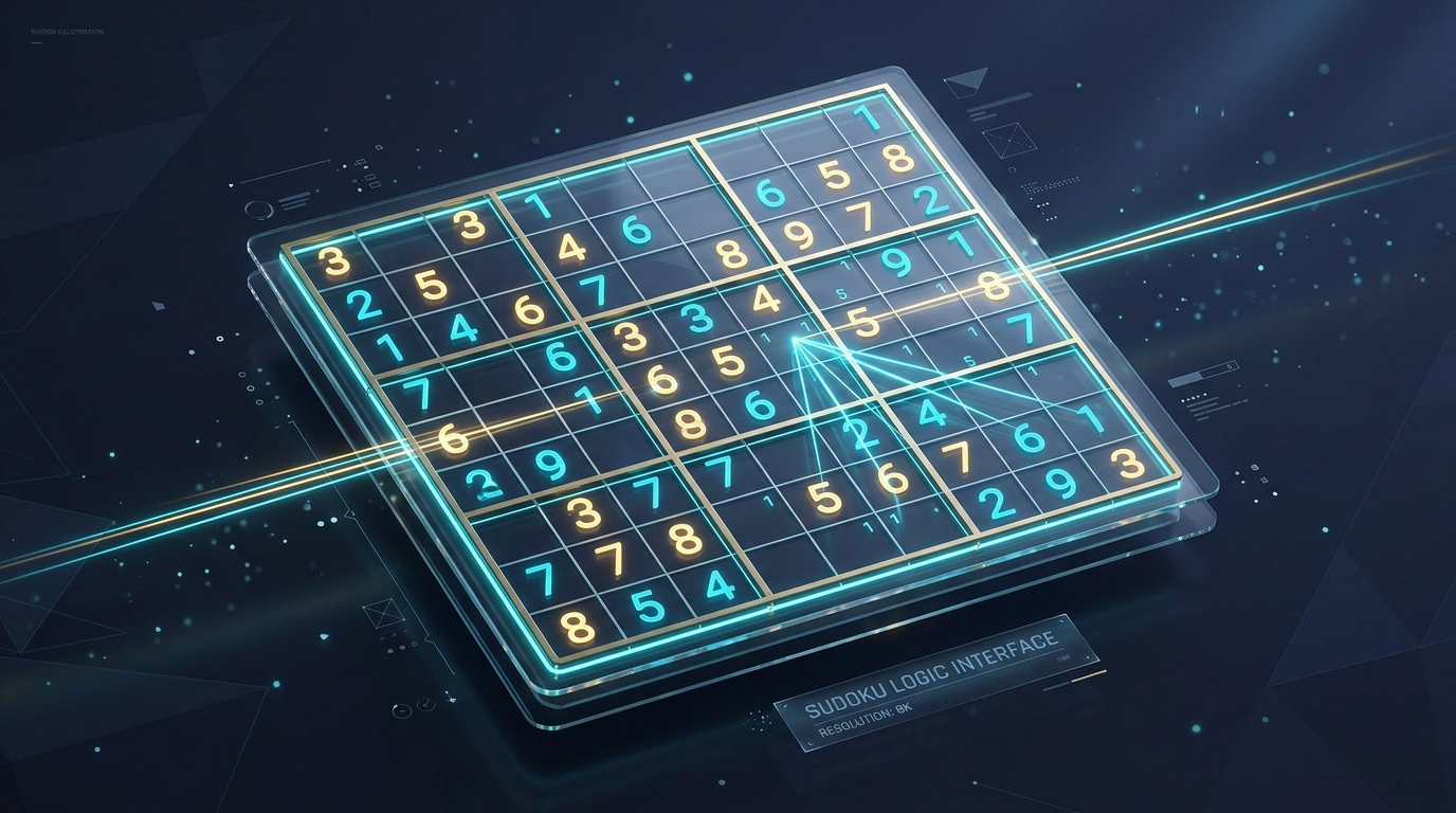 Sudoku logic board 3D illustration with illuminated numbers and logic beams